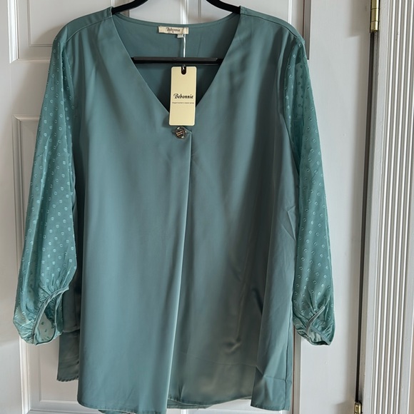 Bebonnie Tops - Homie Teal V-Neck Blouse with Sheer Dot Sleeves